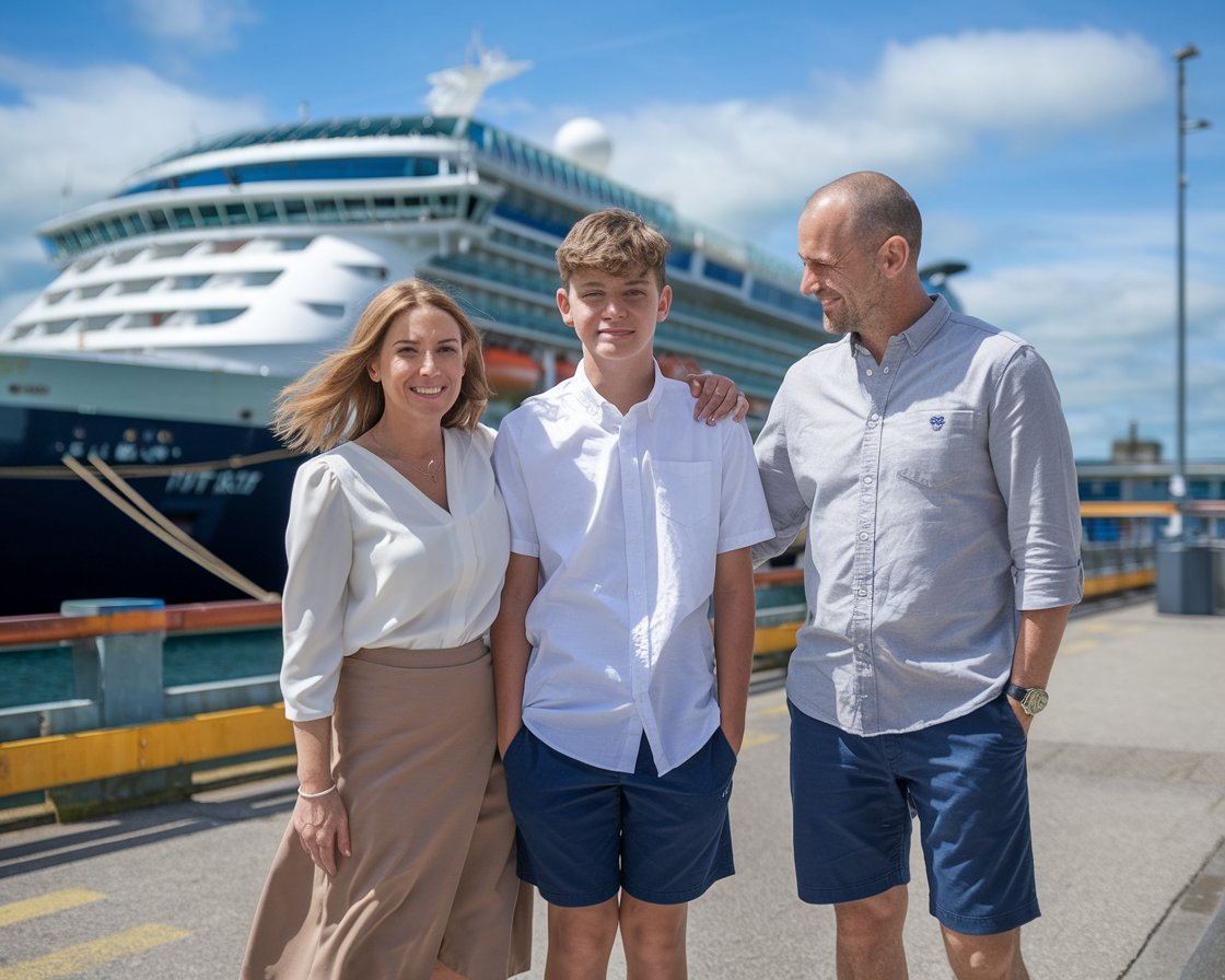 Mother and father with 1 teenager in shorts with a cruise ship in the background on a sunny day at Greenock Ocean Terminal Port