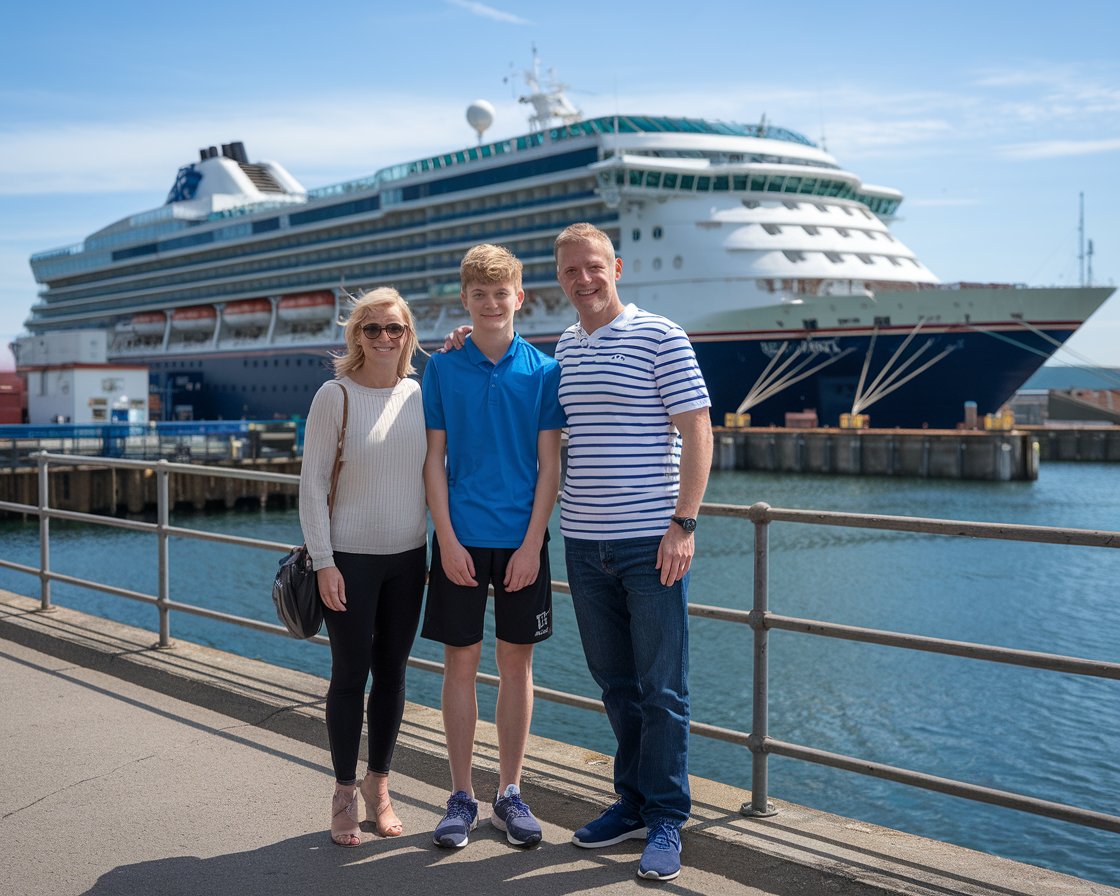 Mother and father with 1 teenager in shorts with a cruise ship in the background on a sunny day at Harwich International Port