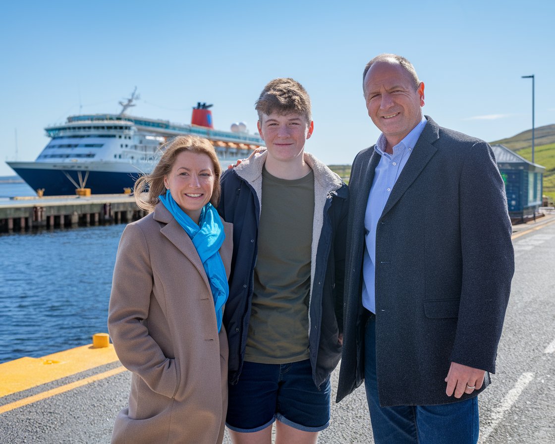 Mother and father with 1 teenager in shorts with a cruise ship in the background on a sunny day at Holyhead Port