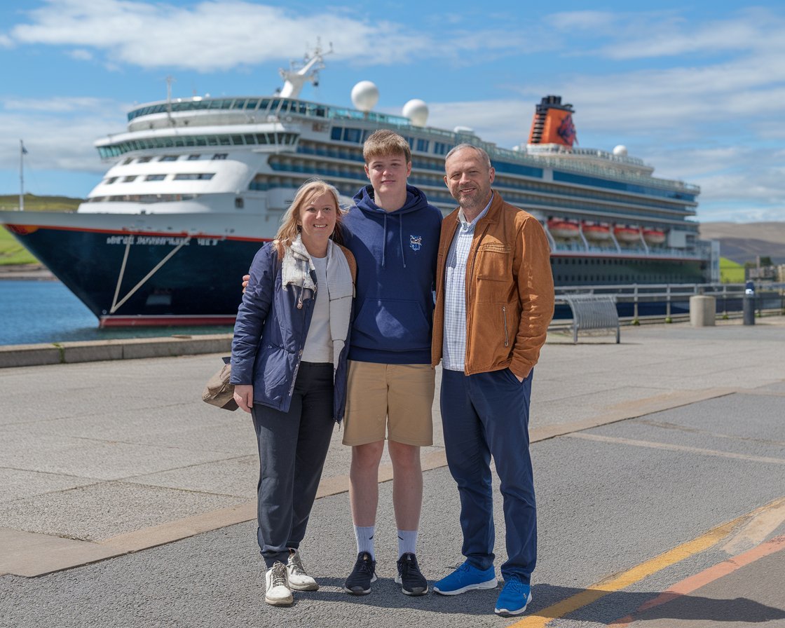 Mother and father with 1 teenager in shorts with a cruise ship in the background on a sunny day at Port of Cromarty Firth (Invergordon)