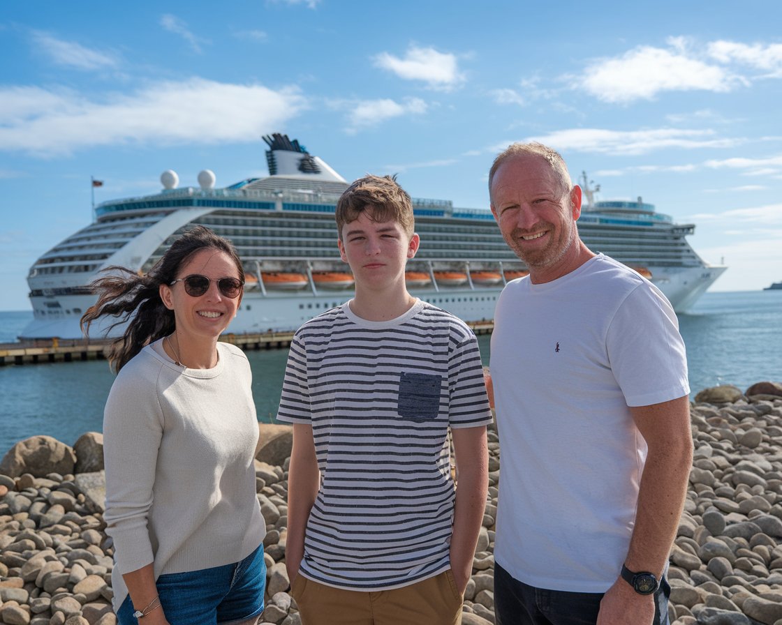 Mother and father with 1 teenager in shorts with a cruise ship in the background on a sunny day at Port of Dover