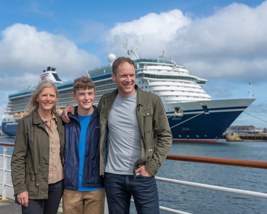 Mother and father with 1 teenager in shorts with a cruise ship in the background on a sunny day at Port of Hull