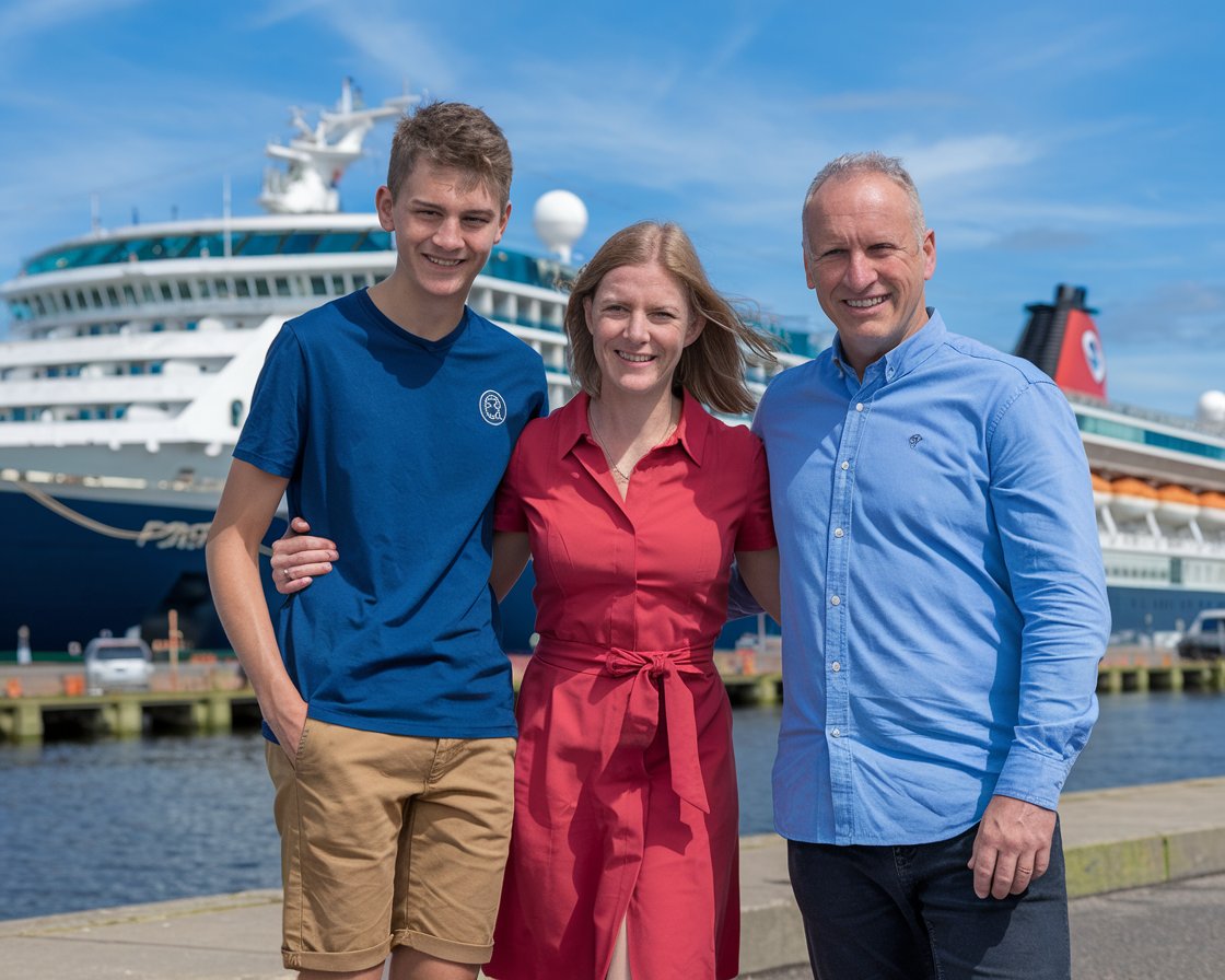 Mother and father with 1 teenager in shorts with a cruise ship in the background on a sunny day at Port of Leith