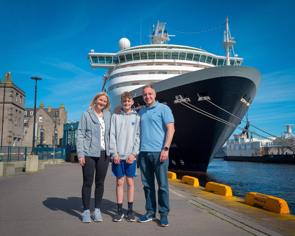 Mother and father with 1 teenager in shorts with a cruise ship in the background on a sunny day at Port of Tilbury (London)