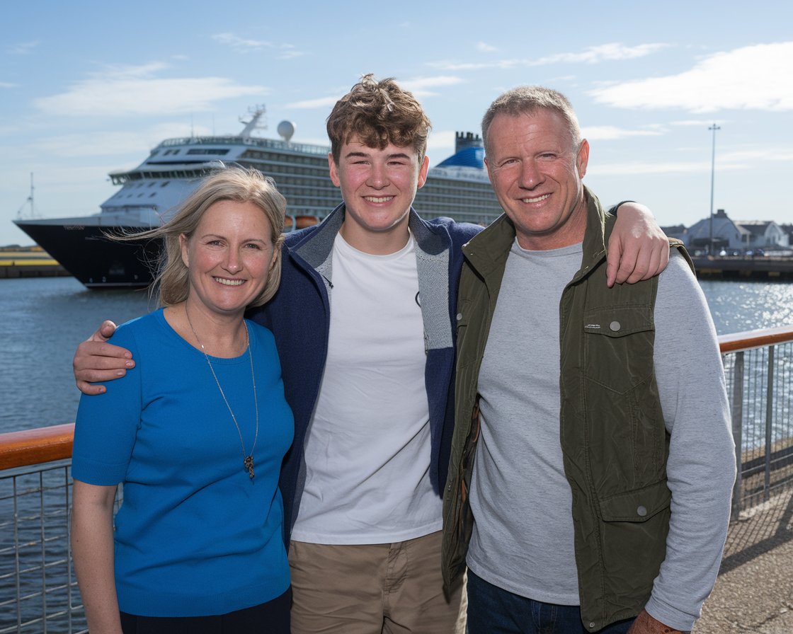 Mother and father with 1 teenager in shorts with a cruise ship in the background on a sunny day at Rosyth Port