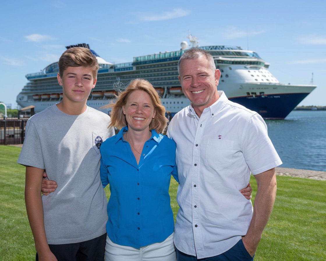 Mother and father with 1 teenager in shorts with a cruise ship in the background on a sunny day at Southampton