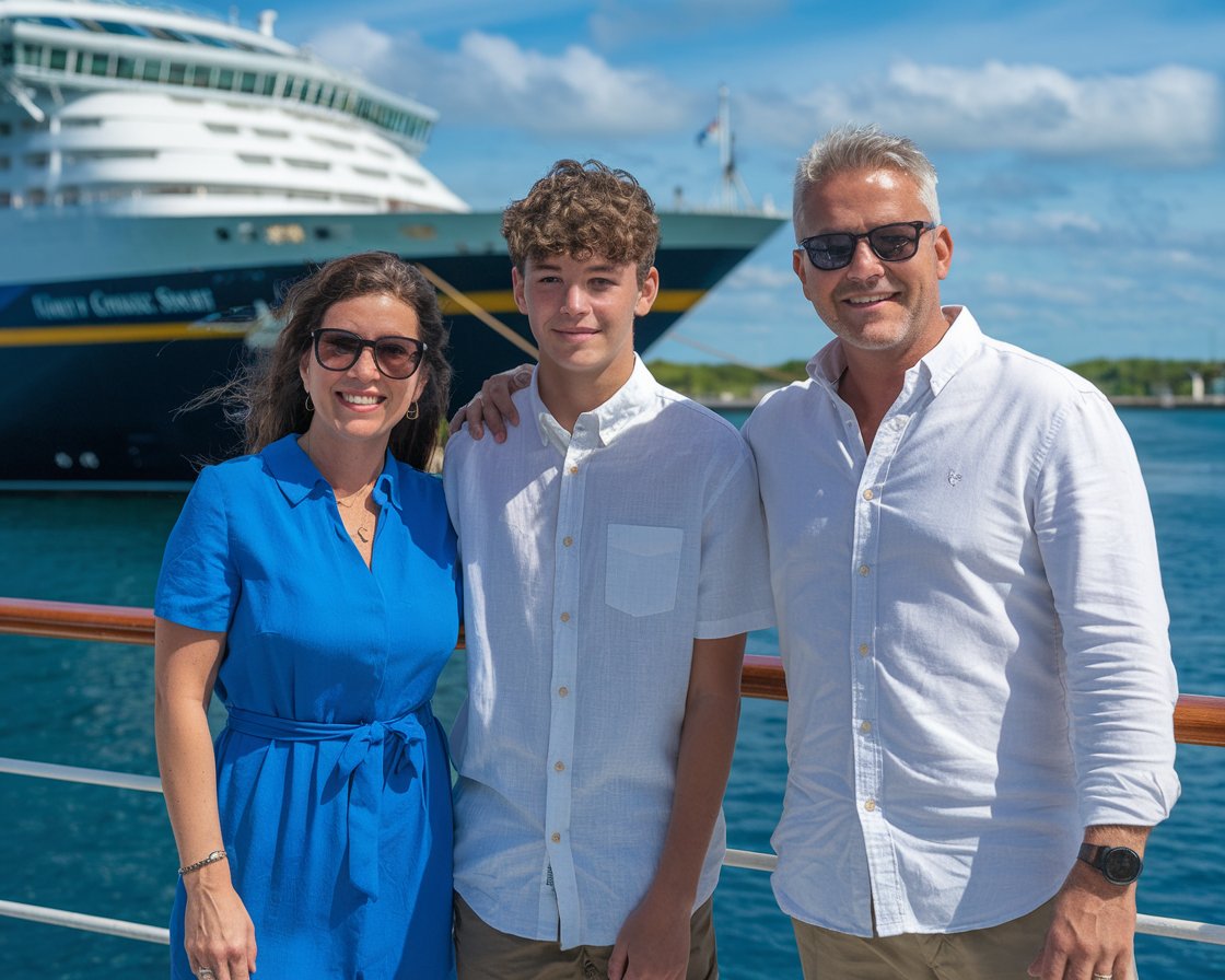 Mother and father with 1 teenager in shorts with a cruise ship in the background on a sunny day