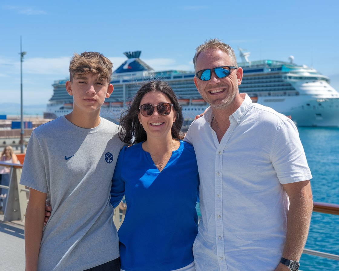 Mum and Dad with 1 teenager in shorts with a cruise ship in the background on a sunny day at Port of Gibraltar.