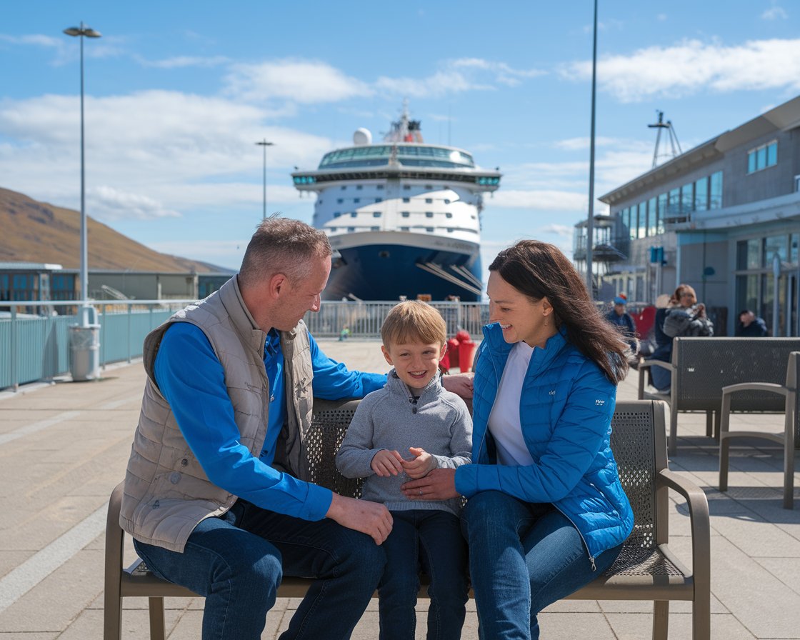 Mum, dad and 1 kid are sitting in the waiting are at Holyhead Port terminal. It's a sunny day with a cruise ship in the background.