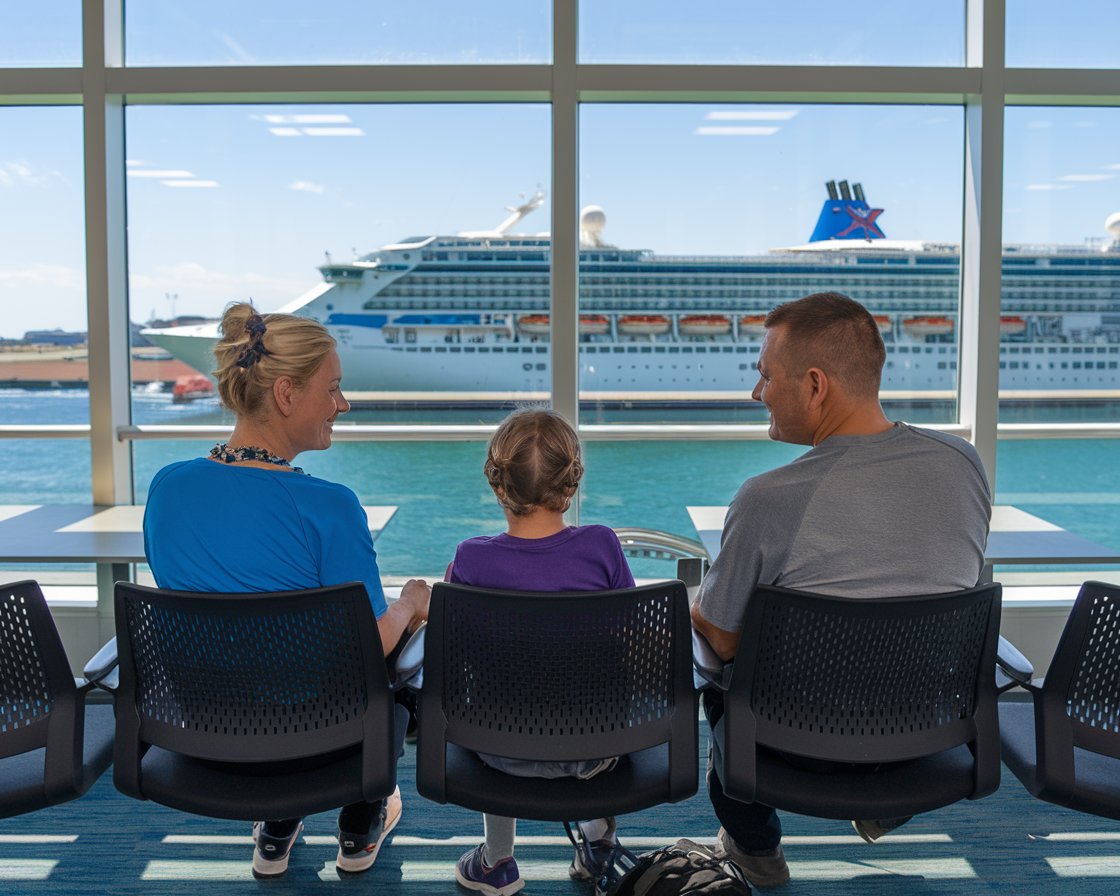 Mum, dad and 1 kid are sitting in the waiting room at Port of Dover terminal. It's a sunny day with a cruise ship in the background