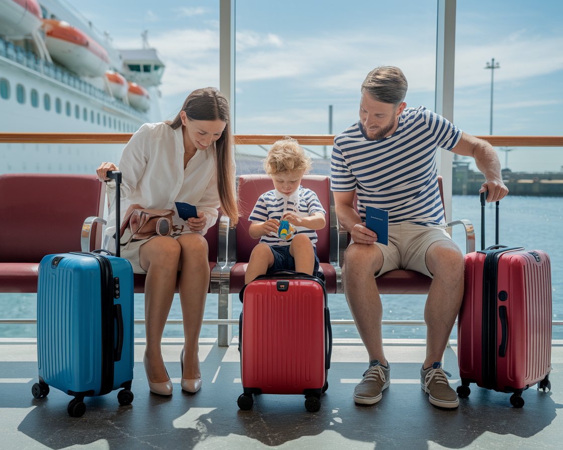 Mum, dad and 1 kid dressed in shorts with luggage are sitting in the waiting room at Port of Leith terminal. It's a sunny day with a cruise ship in the background.