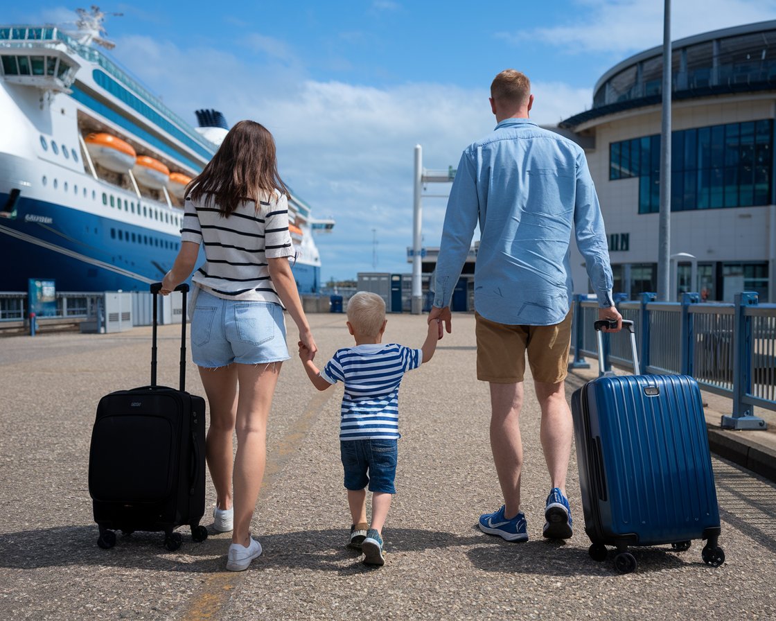 Mum, dad and 1 kid dressed in shorts with luggage waiting at Greenock Ocean Terminal Port. It's a sunny day with a cruise ship in the background