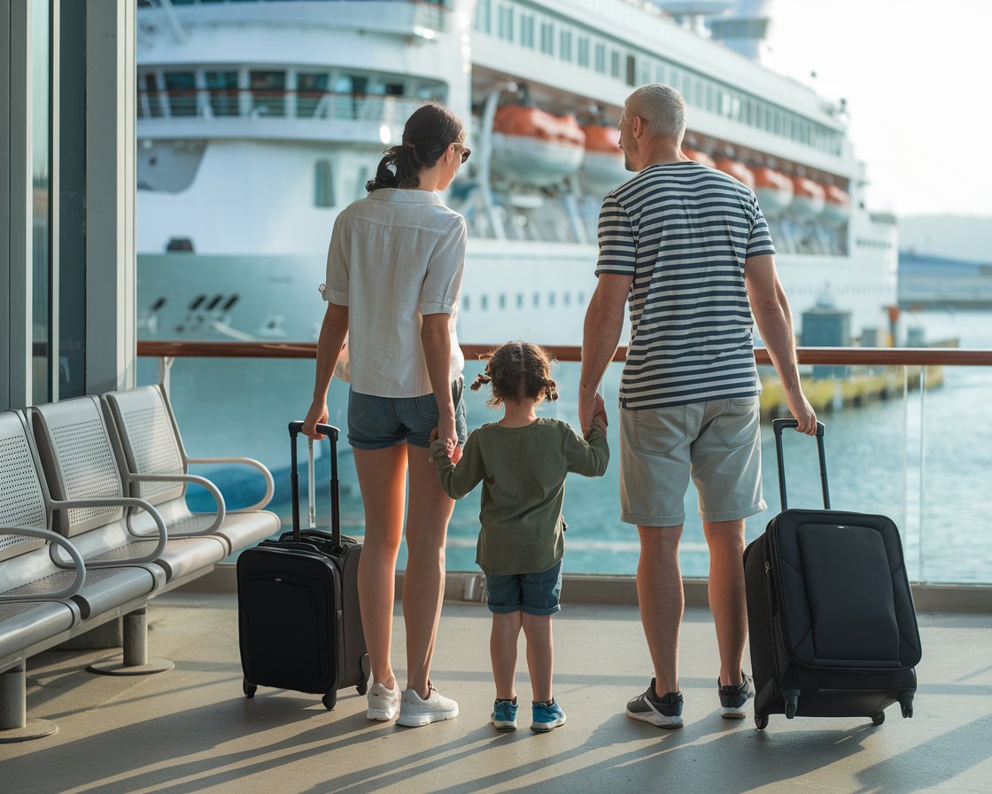 Mum, dad and 1 kid dressed in shorts with luggage waiting room at Port of Gibraltar. It's a sunny day with a cruise ship in the background.