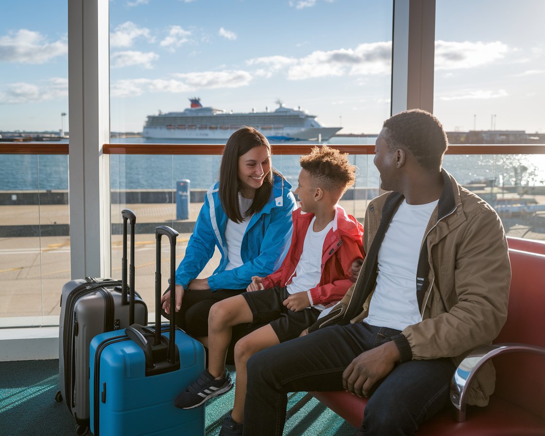 Mum, dad and 1 kid dressed in shorts with luggage. They are sitting in the waiting room at Bristols Port of Avonmouth terminal. It's a sunny day with a cruise ship in the background