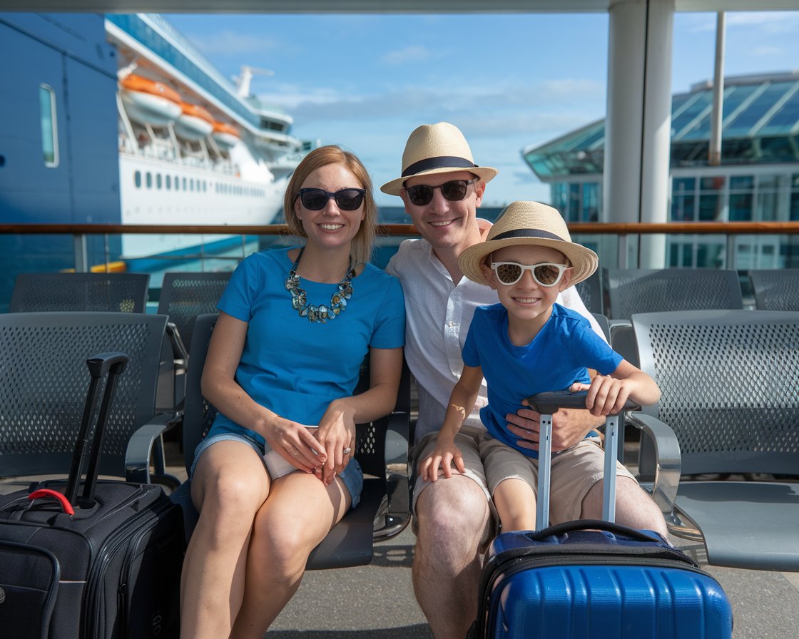 Mum, dad and 1 kid dressed in shorts with luggage. They are sitting in the waiting room at Port of Southampton terminal. It's a sunny day with a cruise ship in the background