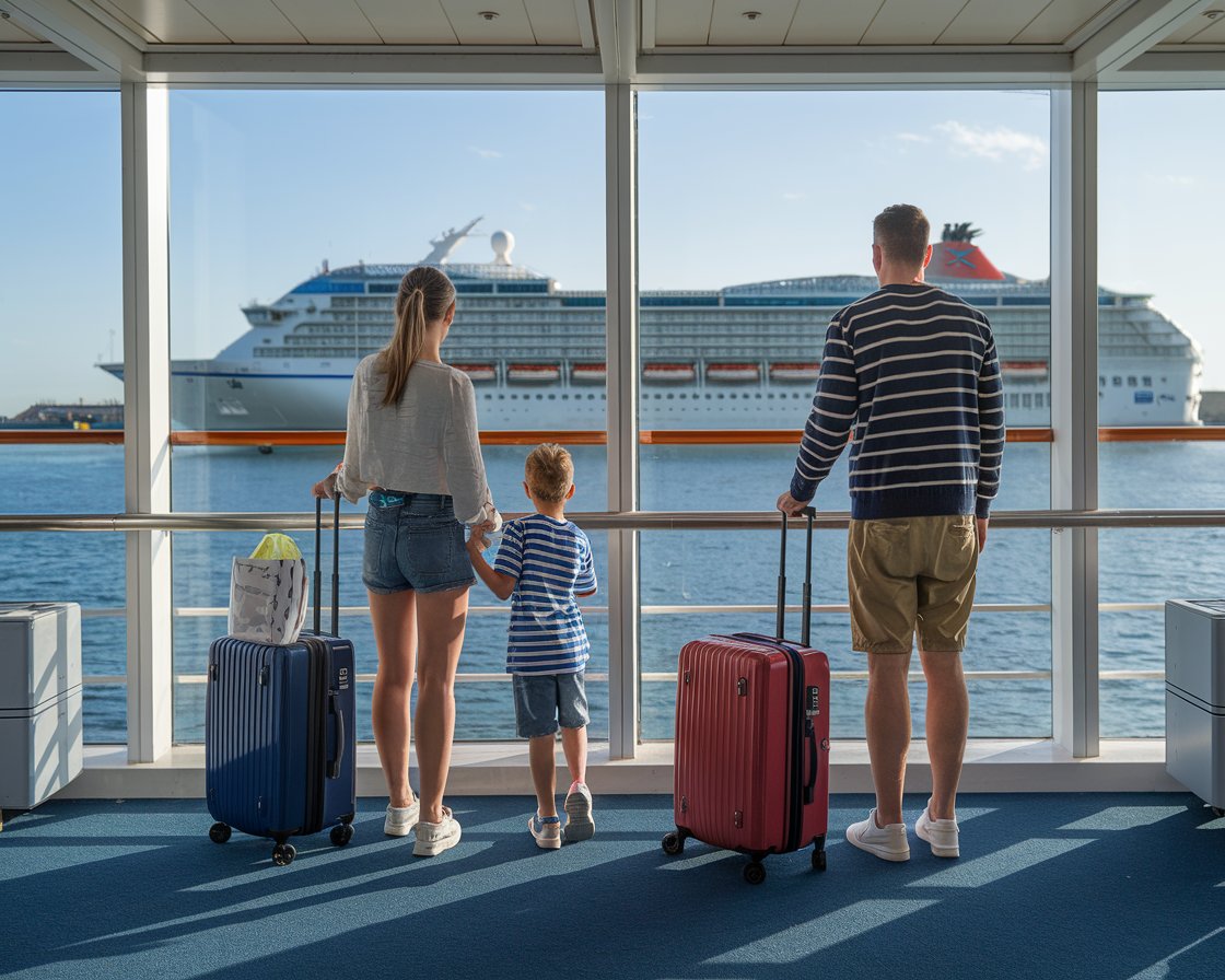 Mum, dad and 1 kid dressed in shorts with luggage. They are sitting in the waiting room at Port of Tilbury (London) terminal. It's a sunny day with a cruise ship in the background