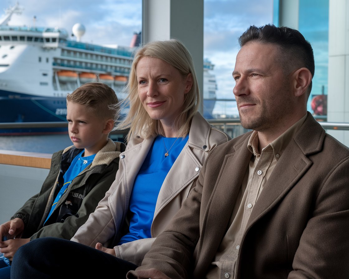 Mum, dad and 1 kid sitting in the waiting room at Rosyth Port terminal. It's a sunny day with a cruise ship in the background. Make the picture appear closer.