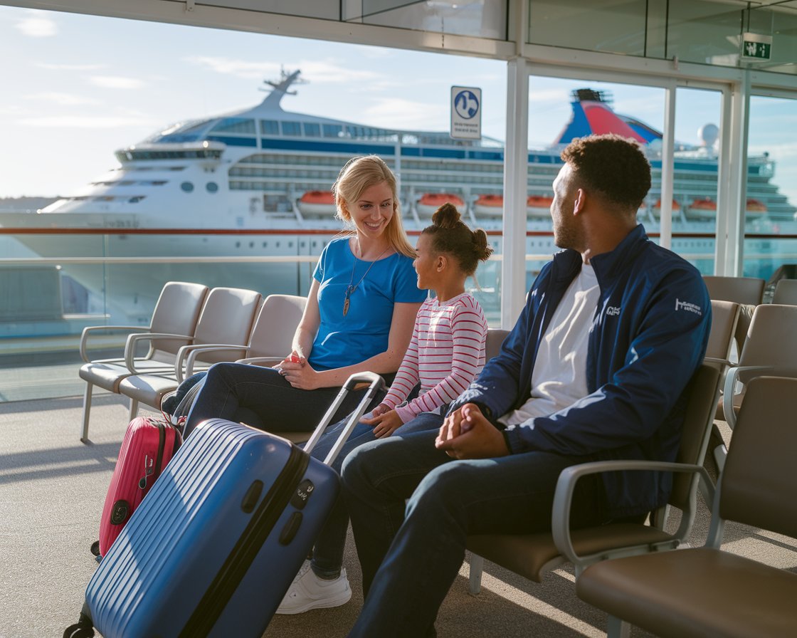 Mum, dad and 1 kid with luggage are sitting in the waiting room at Harwich International Port terminal. It's a sunny day with a cruise ship in the background.