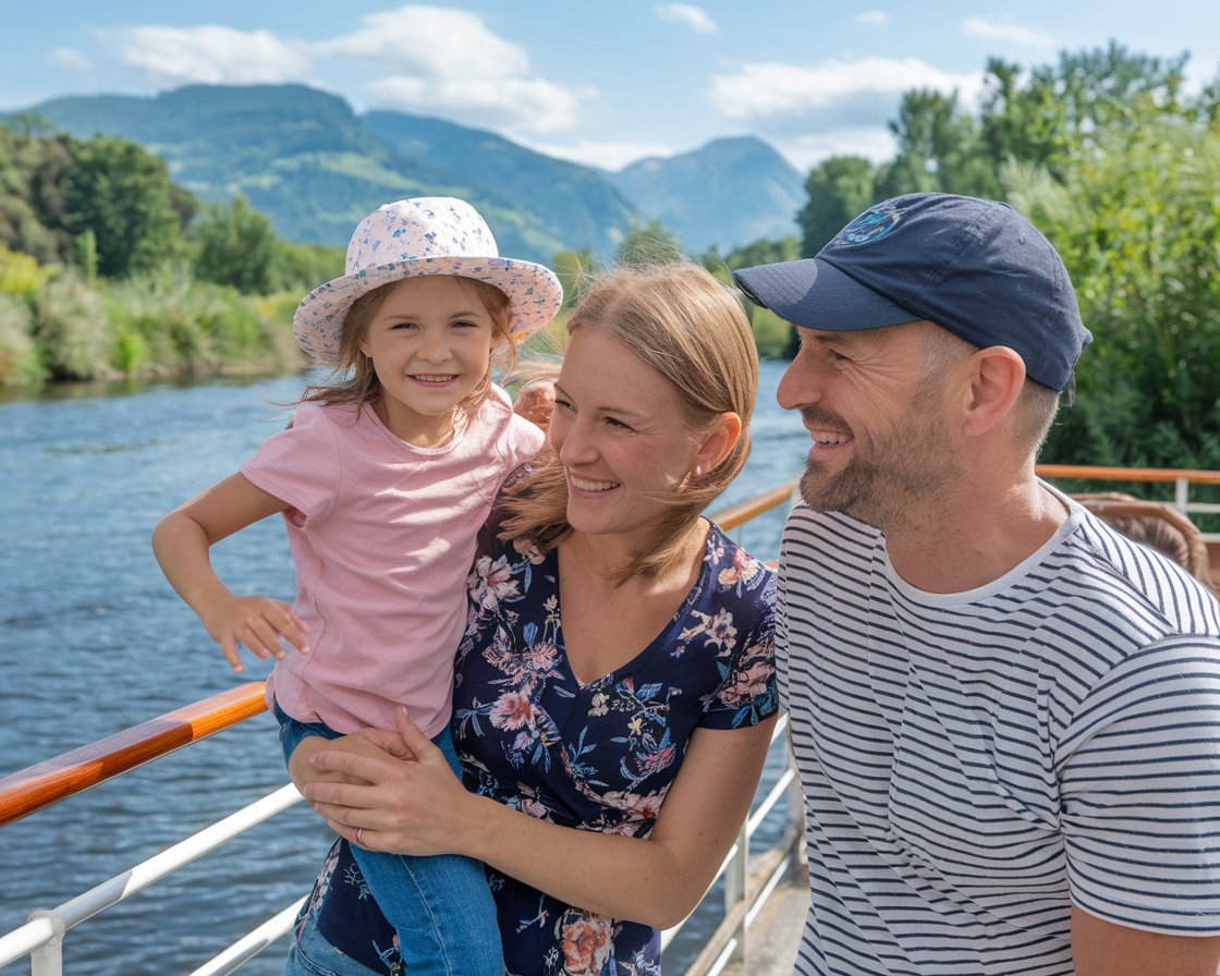 Mum dad and kid on a river cruise