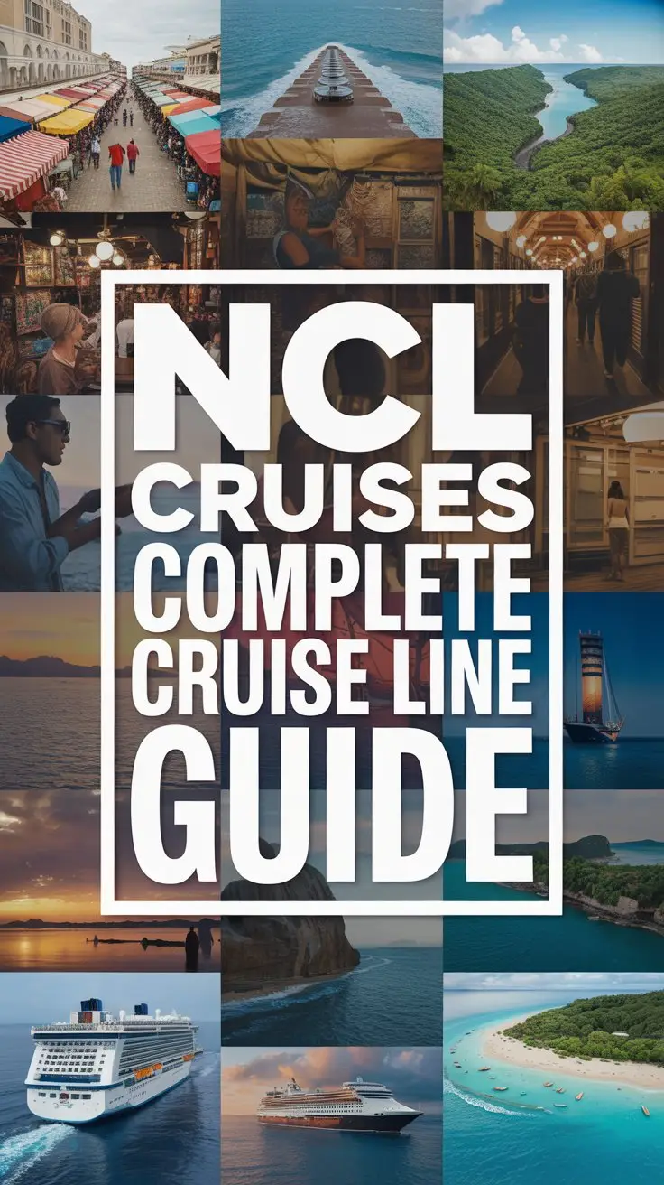 A dynamic product advertisement for NCL Cruises showcasing a vibrant, textured collage of destination imagery, including bustling marketplaces in Morocco, lush rainforests in Costa Rica, and serene beaches in the Maldives, without depicting a cruise ship itself. The collage is framed by a clean, dark gray background, creating a high-contrast canvas for the bold, central text overlay that reads "NCL Cruises Complete Cruise Line Guide" in thick, distinctive white lettering contained within a slightly raised rectangular box. Subtle, layered shadows and highlights across the collage create depth and visual interest, evoking a sense of adventure and exploration, with the overall aesthetic designed to be modern, aspirational, and visually striking, emphasizing discovery and curated experiences. The composition conveys a sense of excitement and anticipation, aiming to immediately capture attention and communicate NCL's comprehensive travel offerings.