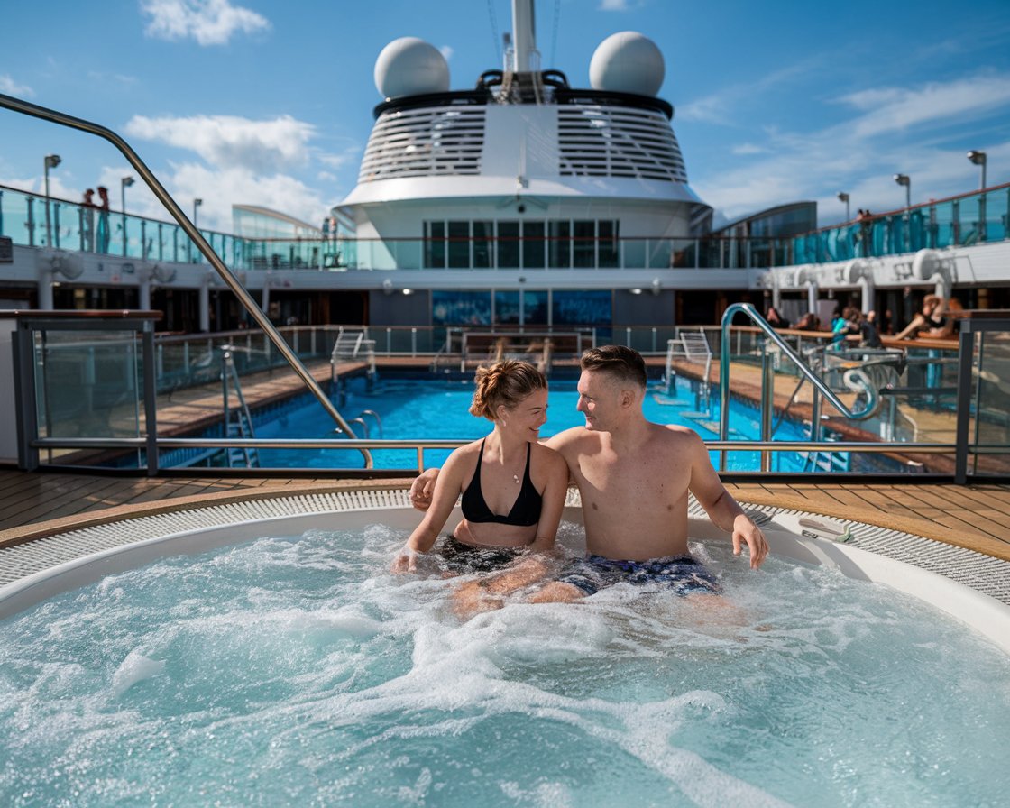 Norwegian Epic swimming pool with a couple in the hot tub