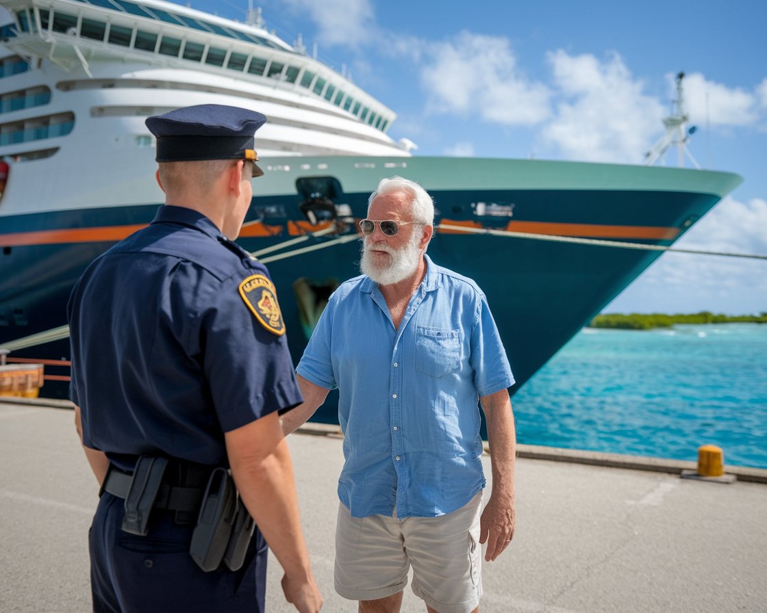 Old man in shorts talking to a customs officer with a cruise ship in the background on a sunny day