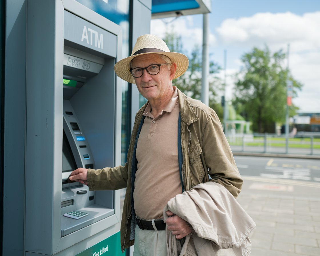 Older Man in sun hat and shorts at an ATM machine in Belfast town on a sunny day