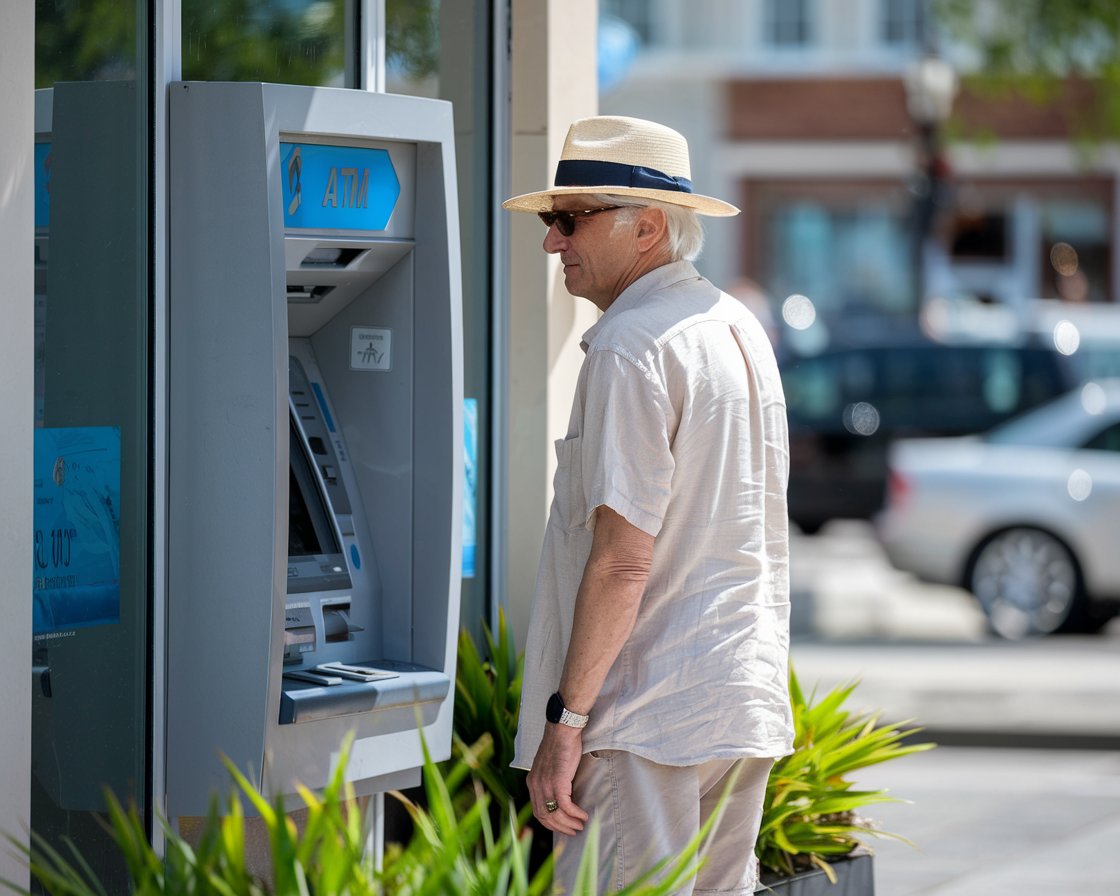 Older Man in sun hat and shorts at an ATM machine in Southampton town on a sunny day