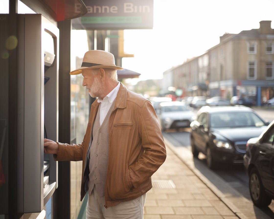 Older Man in sun hat and shorts at an ATM machine in Tilbury town on a sunny day