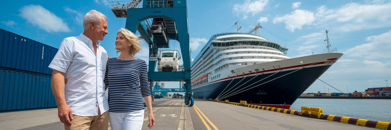 older couple casually dressed in shorts in Port of Tilbury (London) on a sunny day with a cruise ship in the background.