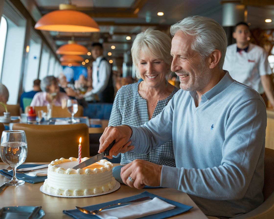 Older couple in the restaurant, birthday cake, people in the background on a cruise ship