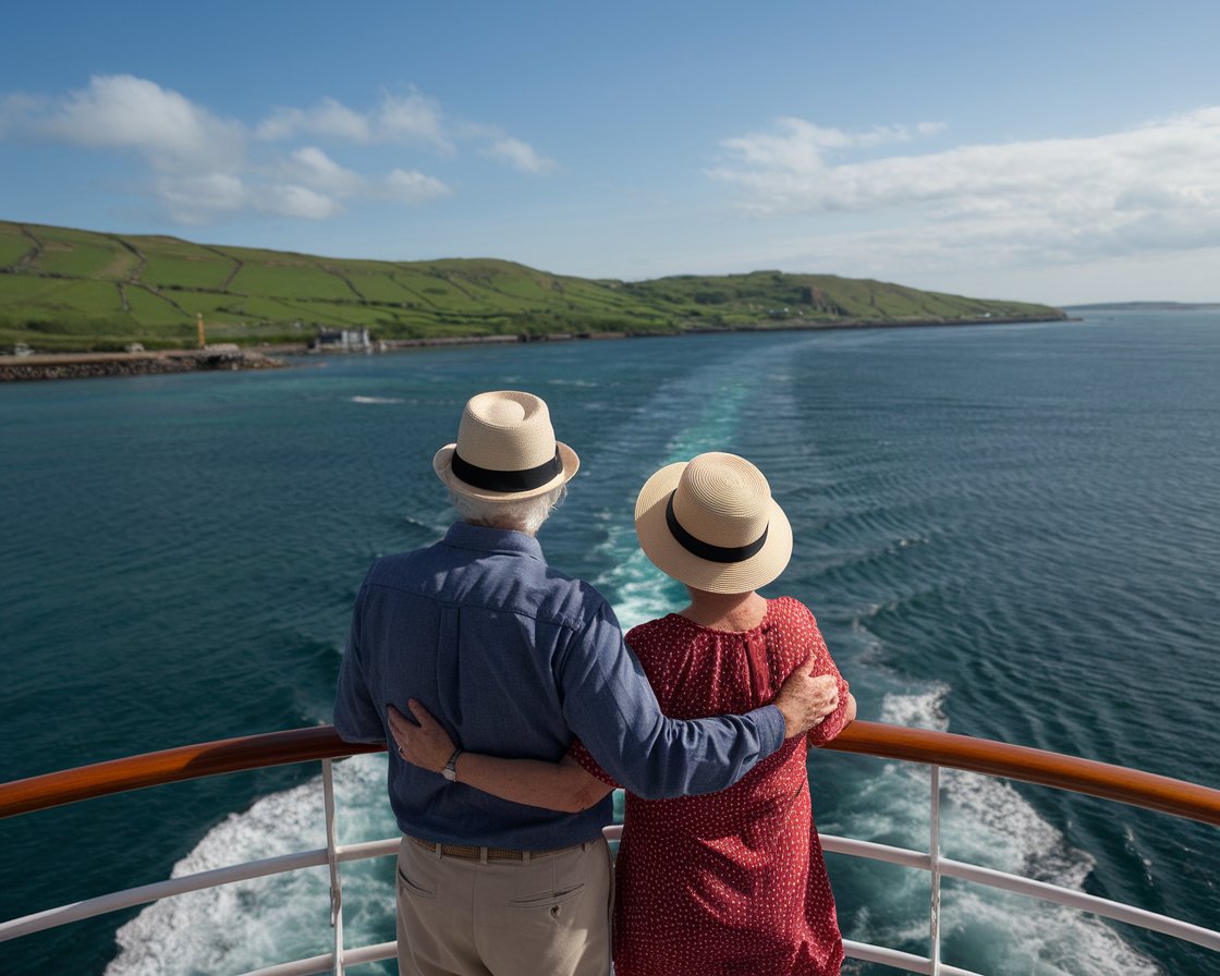 Older couple on the back of a cruise ship in the Baltic Capitals on a sunny day