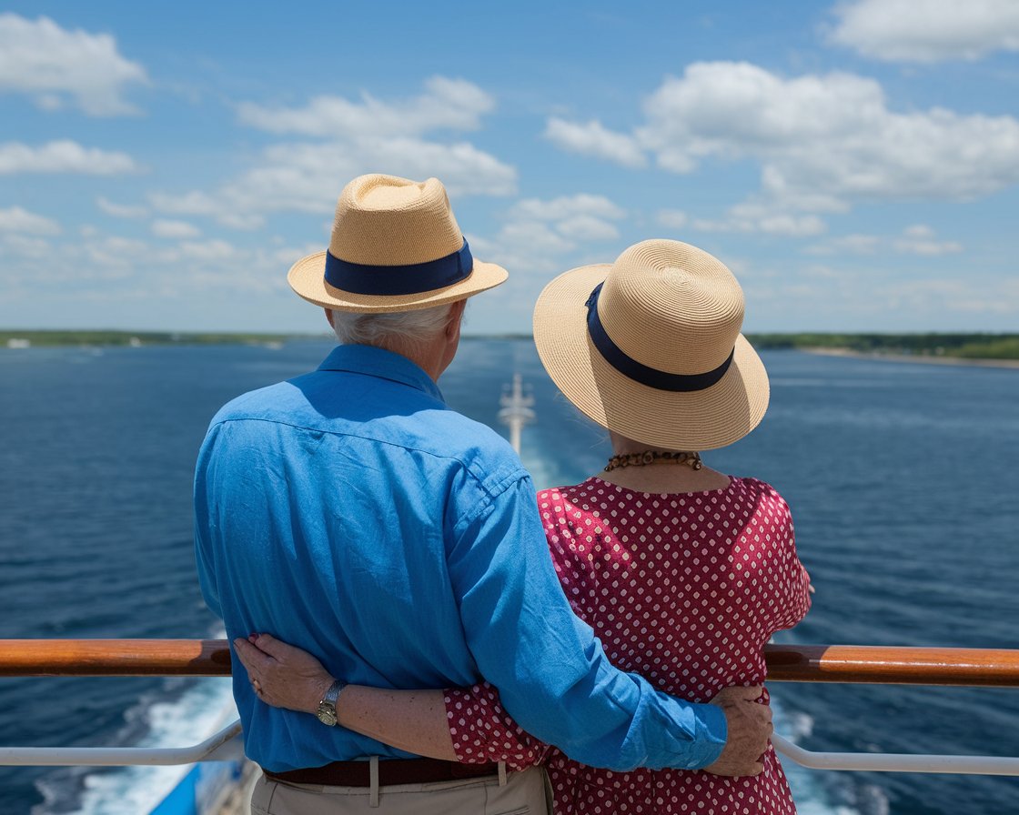 Older couple on the back of a cruise ship in the Baltic Sea on a sunny day