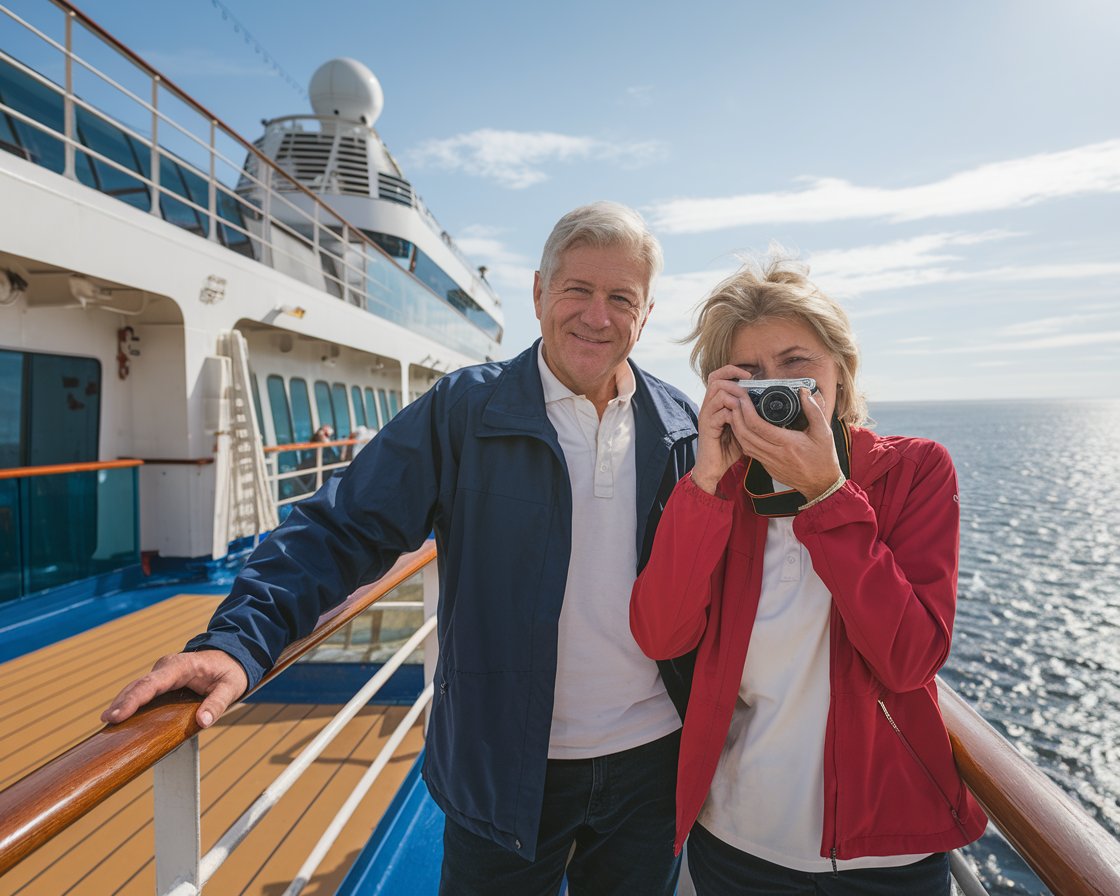 Older couple on the back of a cruise ship in the British Isles on a sunny day