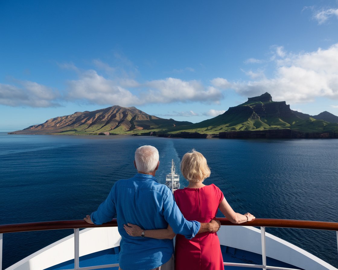 Older couple on the back of a cruise ship in the Canary Islands and Madeira on a sunny day