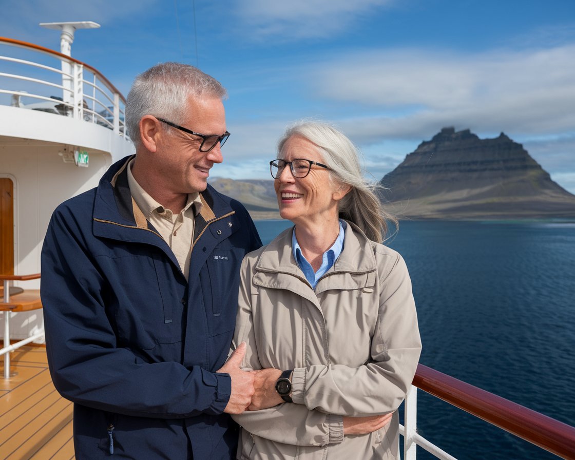 Older couple on the back of a cruise ship in the Iceland and the Faroe Islands on a sunny day