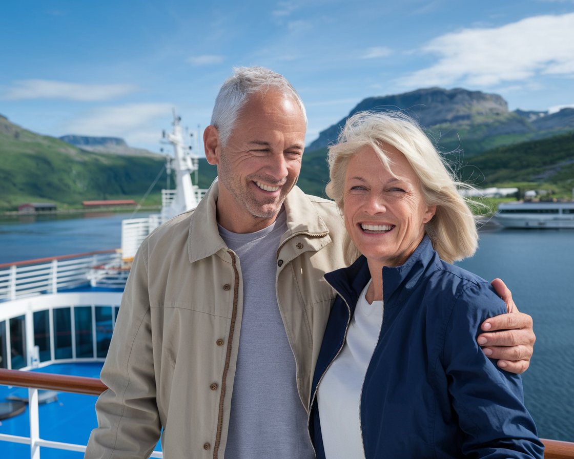 Older couple on the back of a cruise ship in the Northern Europe on a sunny day