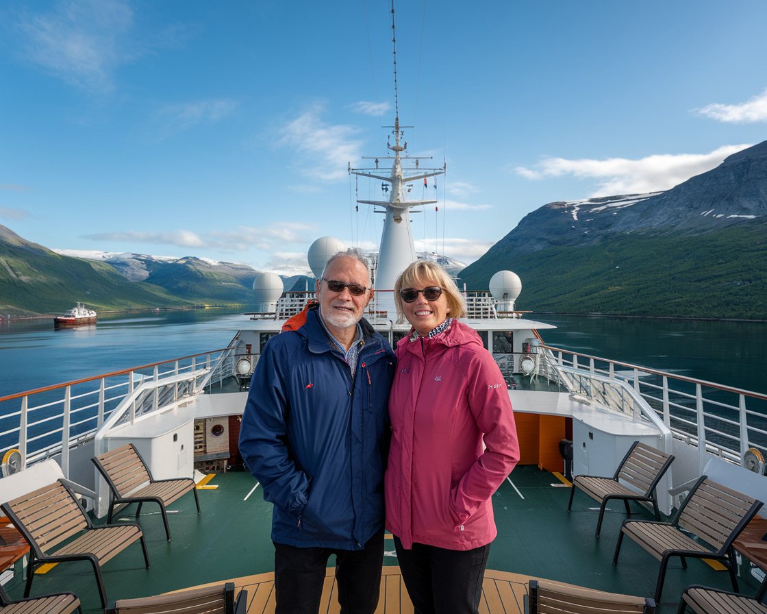 Older couple on the back of a cruise ship in the Norwegian Fjords & Arctic Circle on a sunny day