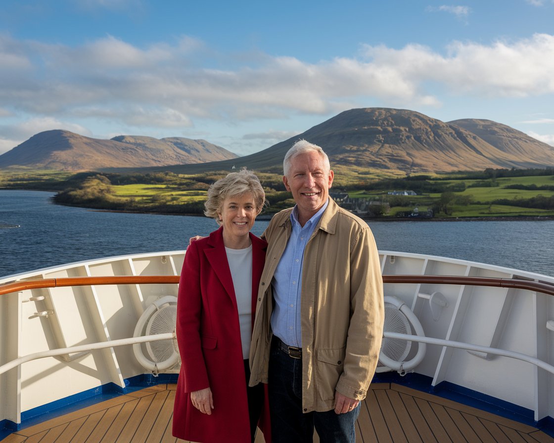 Older couple on the back of a cruise ship in the Scottish Highlands on a sunny day