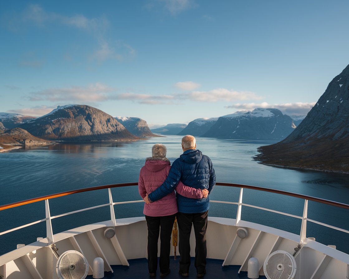 Older couple on the back of a cruise ship in the Transatlantic on a sunny day