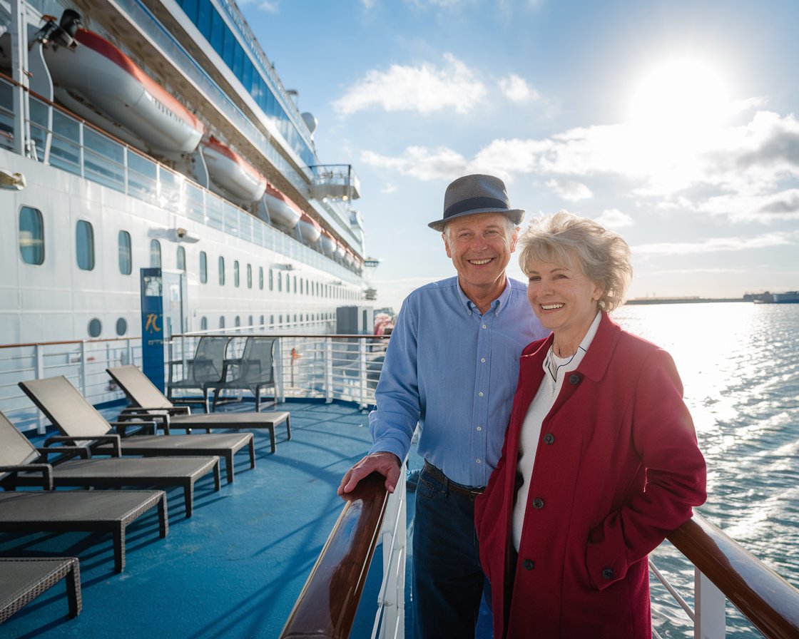 Older couple on the deck of a cruise ship at Port of Southampton on a sunny day