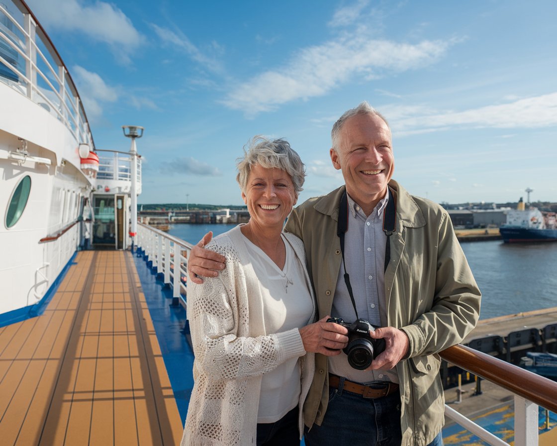 Older couple on the deck of a cruise ship in Bristols Port of Avonmouth on a sunny day