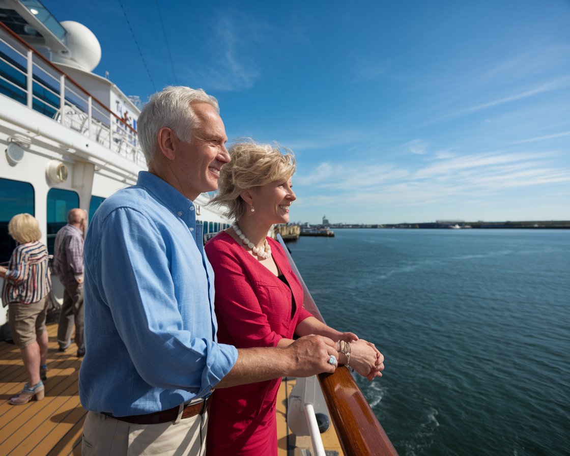 Older couple on the deck of a cruise ship in Greenock Ocean Terminal Port on a sunny day