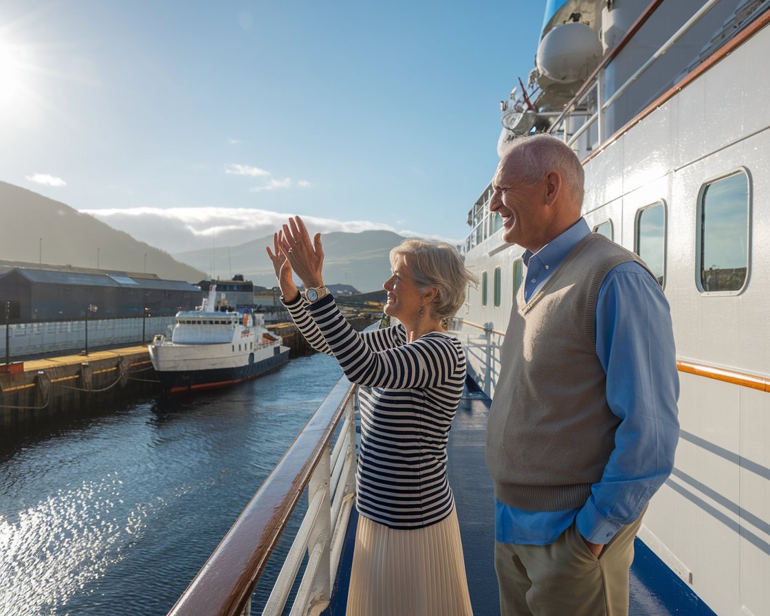 Older couple on the deck of a cruise ship in Holyhead Port on a sunny day