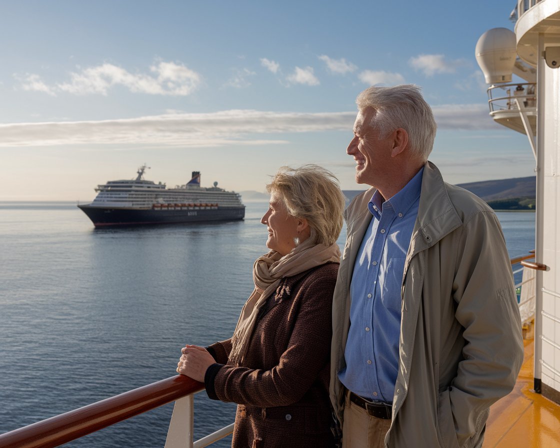 Older couple on the deck of a cruise ship in Port of Cromarty Firth (Invergordon) on a sunny day