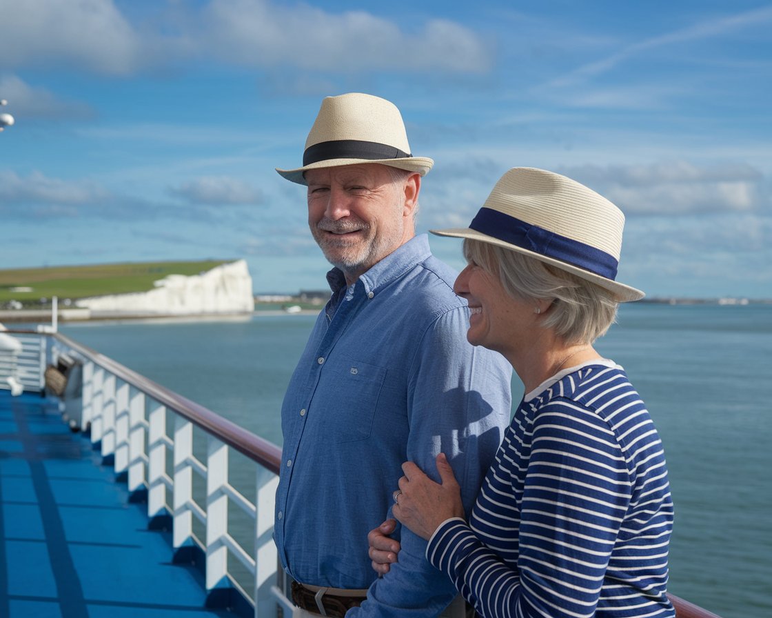 Older couple on the deck of a cruise ship in Port of Dover on a sunny day