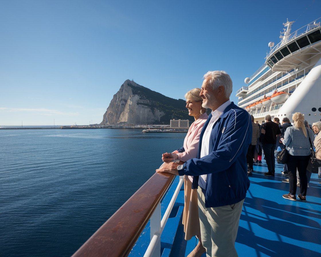 Older couple on the deck of a cruise ship in Port of Gibraltar on a sunny day