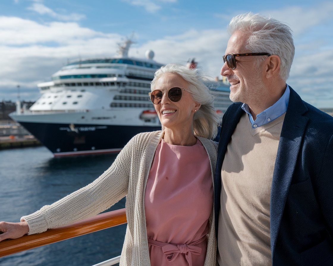 Older couple on the deck of a cruise ship in Port of Leith on a sunny day