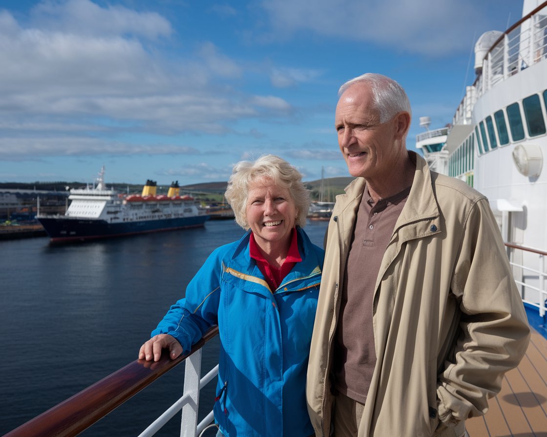 Older couple on the deck of a cruise ship in Port of Tilbury (London) on a sunny day