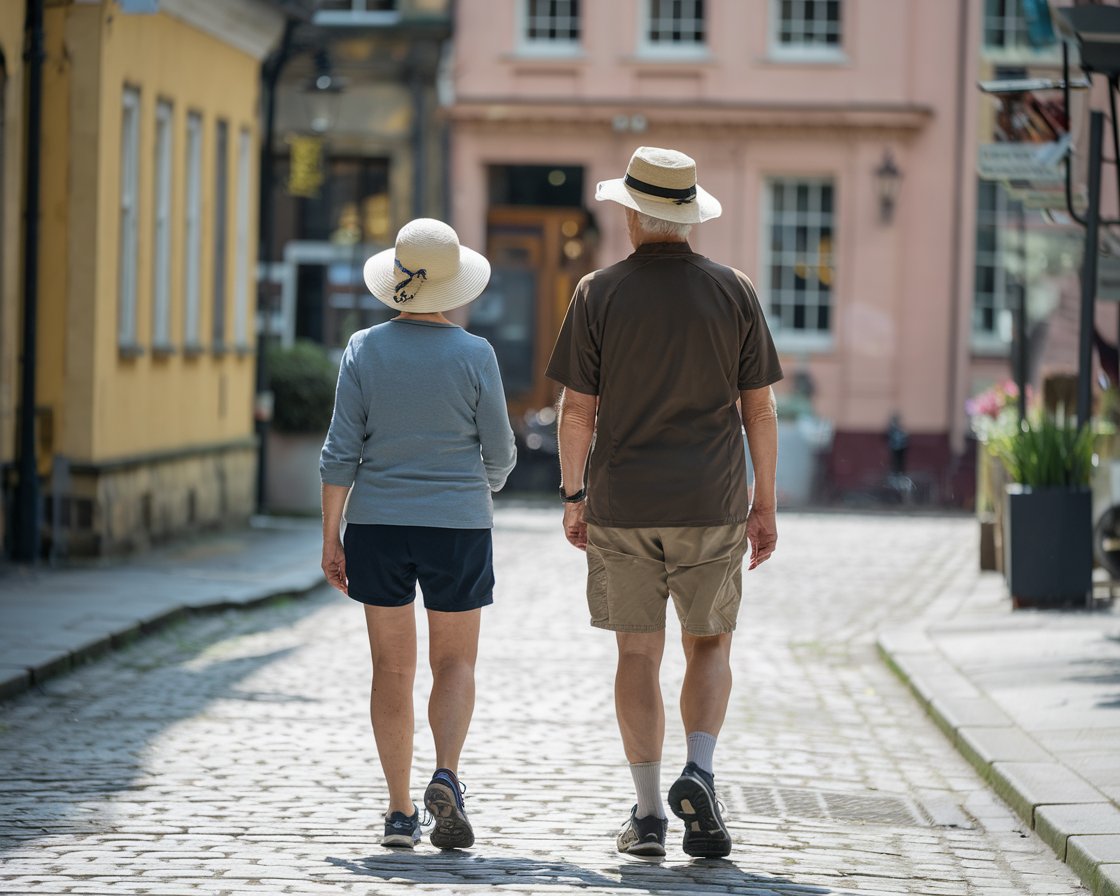 Older lady and man in sun hat, shorts, walking shoes in Bristol town on a sunny day